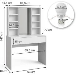 Vicco Coiffeuse Blanc 93cm avec éclairage LED