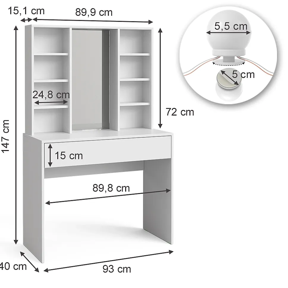 Vicco Coiffeuse Blanc 93cm avec éclairage LED