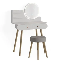 Vicco Coiffeuse Blanc 80cm avec éclairage LED et tabouret