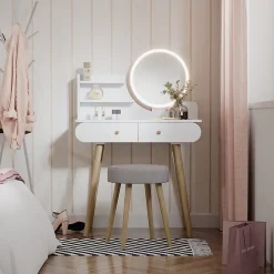 Vicco Coiffeuse Blanc 80cm avec éclairage LED et tabouret