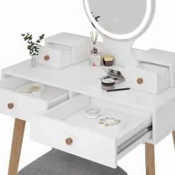 Vicco Coiffeuse Blanc 80cm avec miroir LED et tabouret