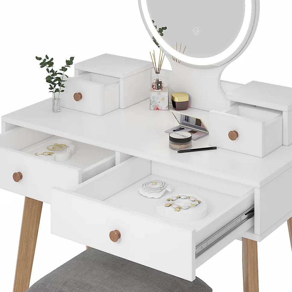 Vicco Coiffeuse Blanc 80cm avec miroir LED et tabouret