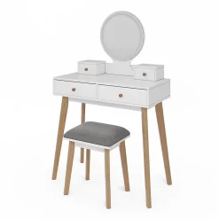 Vicco Coiffeuse Blanc 80cm avec miroir LED et tabouret