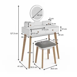 Vicco Coiffeuse Blanc 80cm avec miroir LED et tabouret