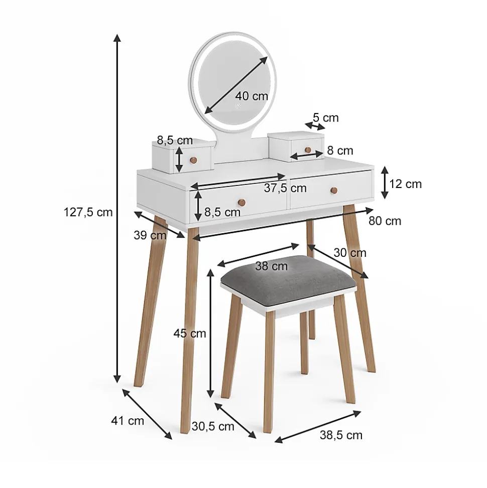 Vicco Coiffeuse Blanc 80cm avec miroir LED et tabouret