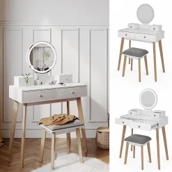 Vicco Coiffeuse Blanc 80cm avec miroir LED et tabouret