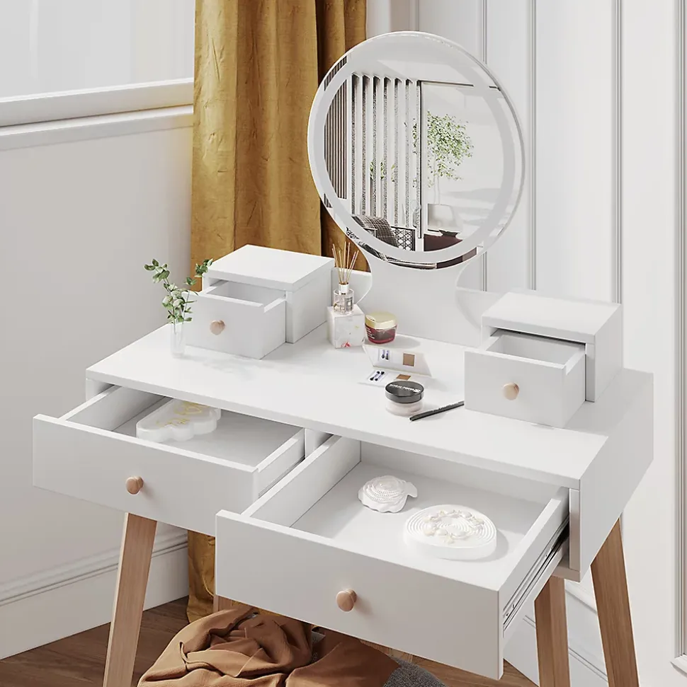 Vicco Coiffeuse Blanc 80cm avec miroir LED et tabouret