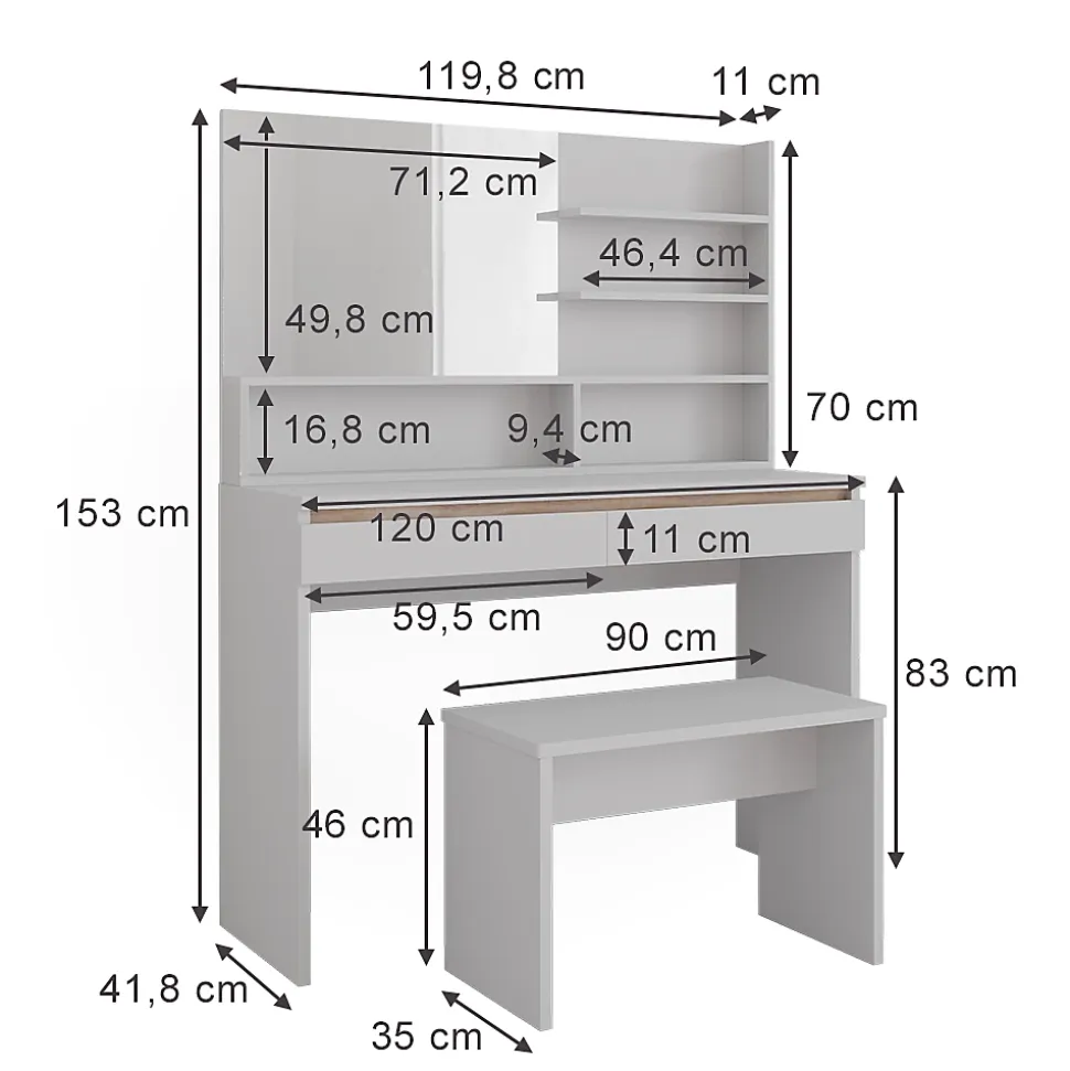 Vicco Coiffeuse Blanc 120cm avec banc