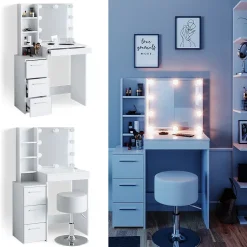 Vicco Coiffeuse Blanc 80cm avec éclairage LED et tabouret
