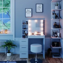 Vicco Coiffeuse Blanc 80cm avec éclairage LED et tabouret