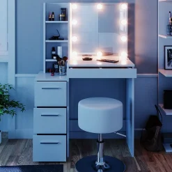 Vicco Coiffeuse Blanc 80cm avec éclairage LED et tabouret