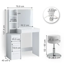 Vicco Coiffeuse Blanc 80cm avec éclairage LED et tabouret