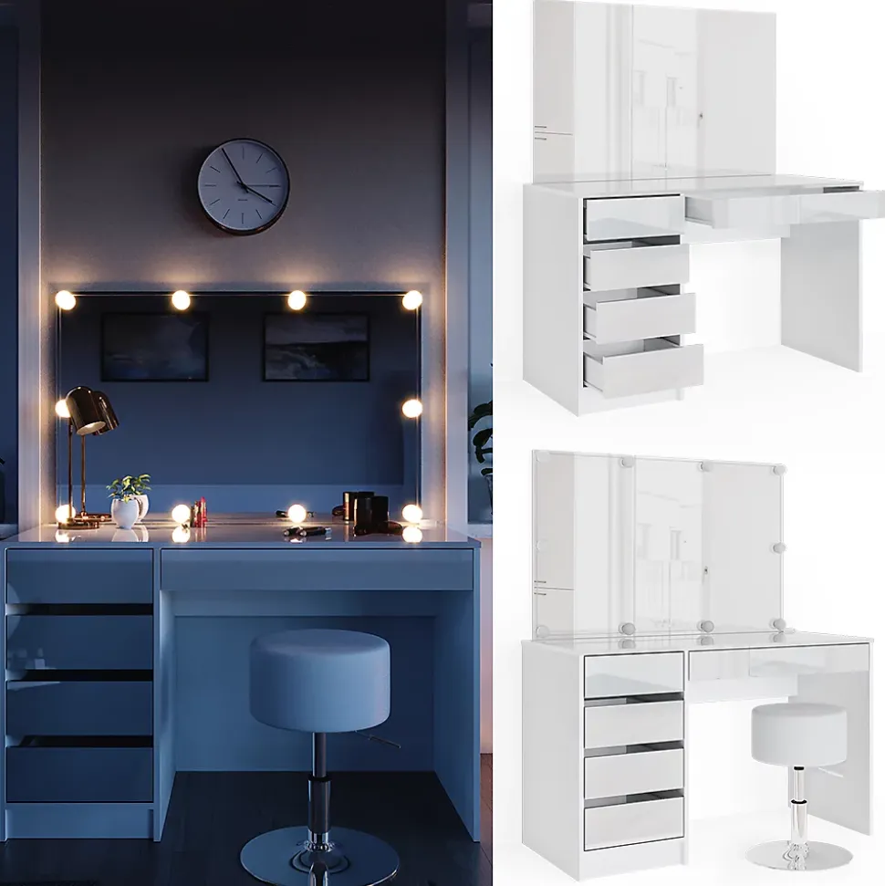 Vicco Coiffeuse Blanc 120cm avec éclairage LED et tabouret