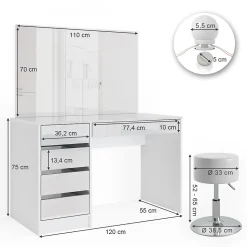 Vicco Coiffeuse Blanc 120cm avec éclairage LED et tabouret