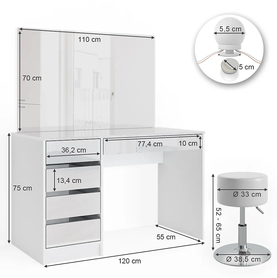 Vicco Coiffeuse Blanc 120cm avec éclairage LED et tabouret