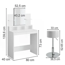 Vicco Coiffeuse Blanc 80cm avec tabouret