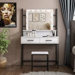 Vicco Coiffeuse Blanc 90cm Avec éclairage LED et tabouret