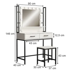 Vicco Coiffeuse Blanc 90cm Avec éclairage LED et tabouret