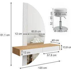 Vicco Coiffeuse Blanc 120cm avec éclairage LED et tabouret