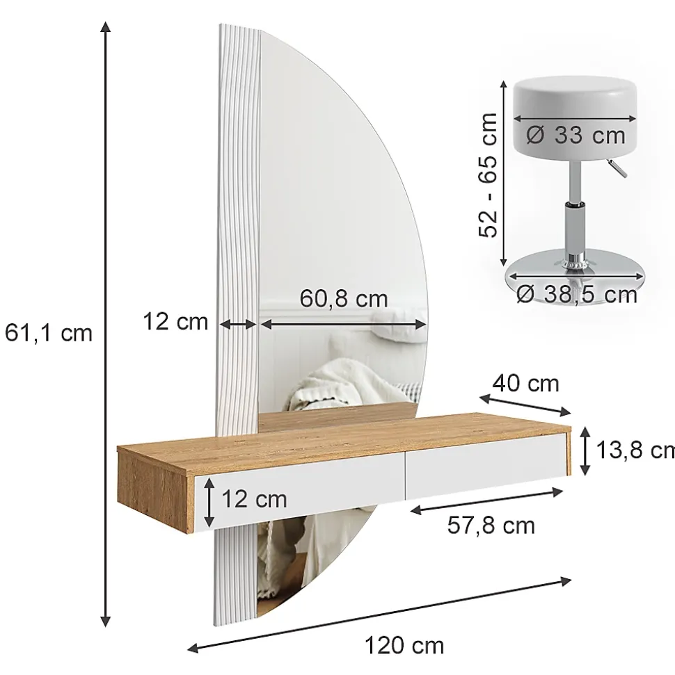 Vicco Coiffeuse Blanc 120cm avec éclairage LED et tabouret