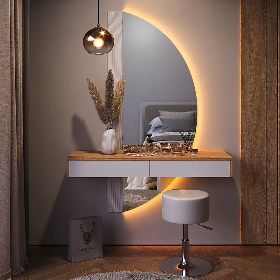 Vicco Coiffeuse Blanc 120cm avec éclairage LED et tabouret