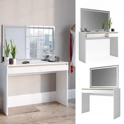 Vicco Coiffeuse Blanc 120cm avec miroir LED