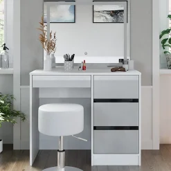 Vicco Coiffeuse Blanc 40cm avec miroir LED et tabouret