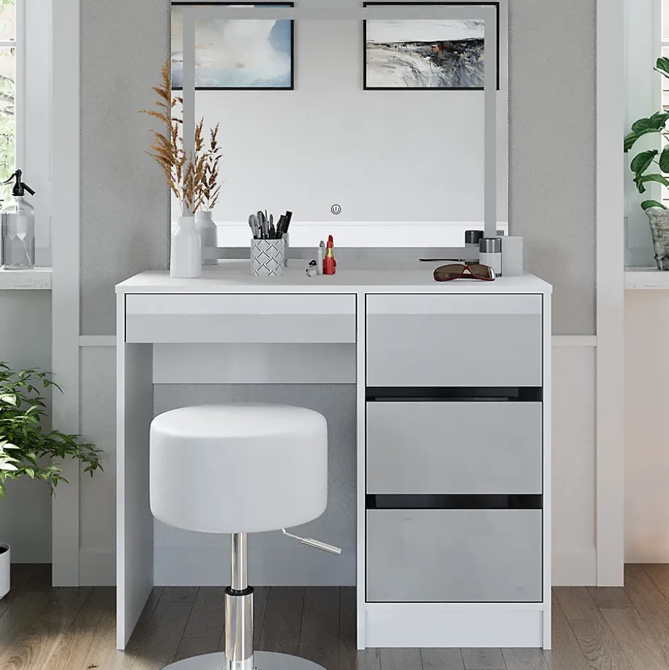 Vicco Coiffeuse Blanc 40cm avec miroir LED et tabouret