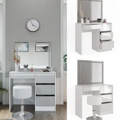 Vicco Coiffeuse Blanc 40cm avec miroir LED et tabouret
