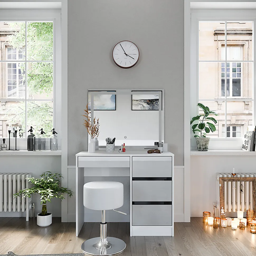 Vicco Coiffeuse Blanc 40cm avec miroir LED et tabouret