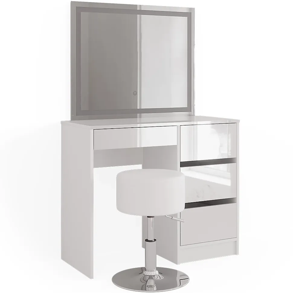 Vicco Coiffeuse Blanc 40cm avec miroir LED et tabouret