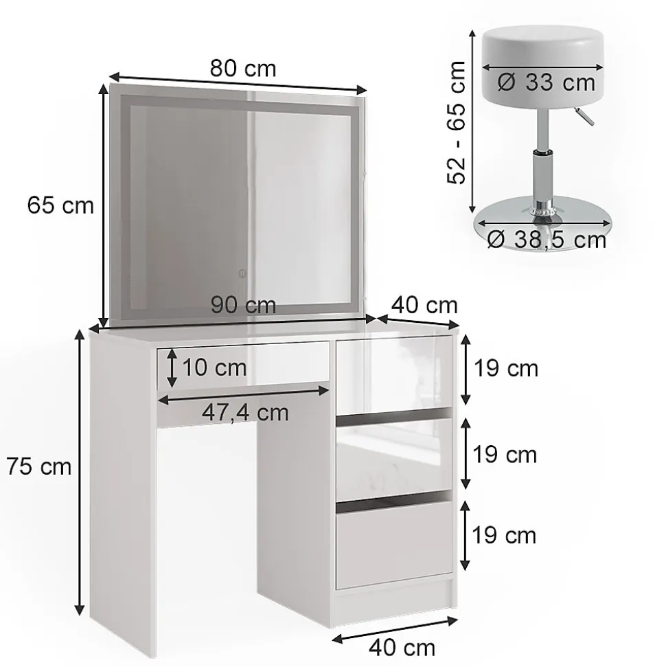Vicco Coiffeuse Blanc 40cm avec miroir LED et tabouret