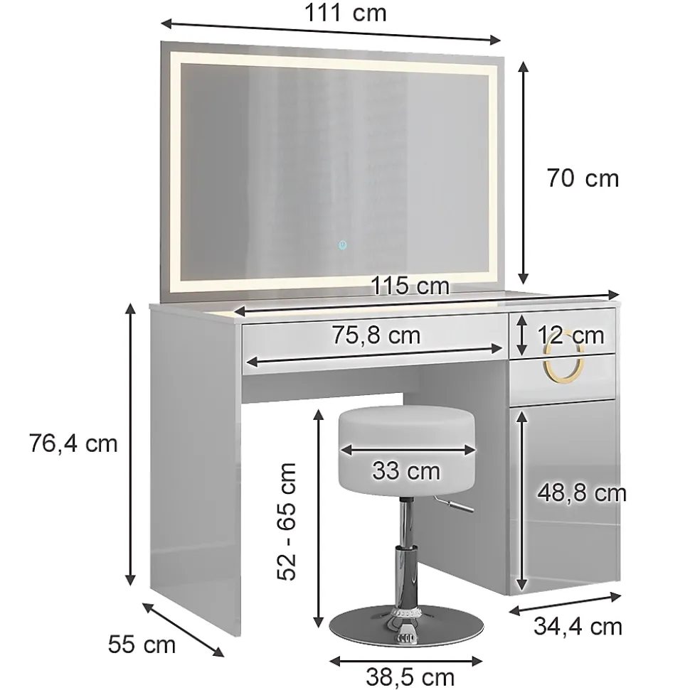 Vicco Coiffeuse Blanc 115cm avec miroir LED et tabouret