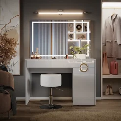 Vicco Coiffeuse Blanc 115cm avec miroir LED et tabouret