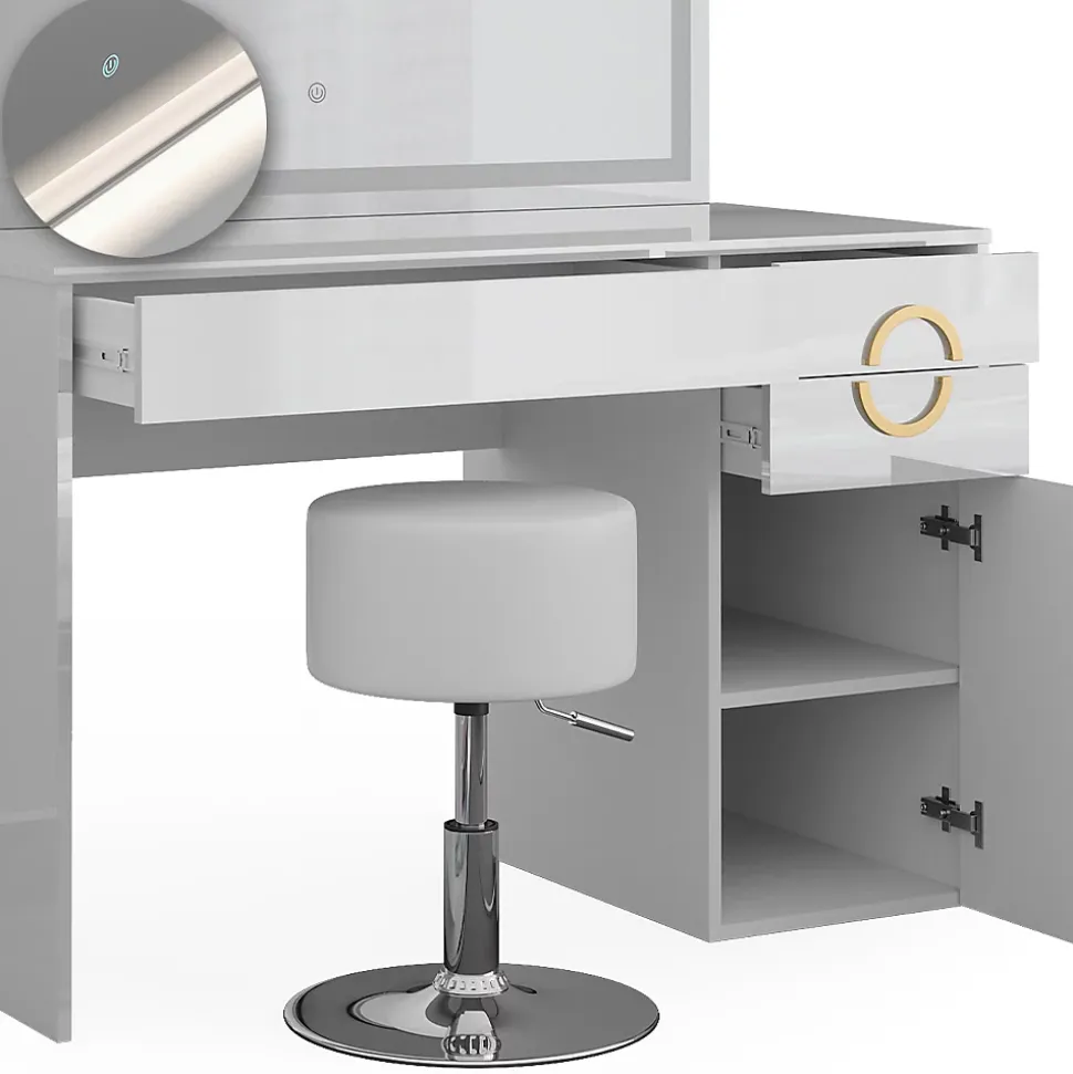 Vicco Coiffeuse Blanc 115cm avec miroir LED et tabouret