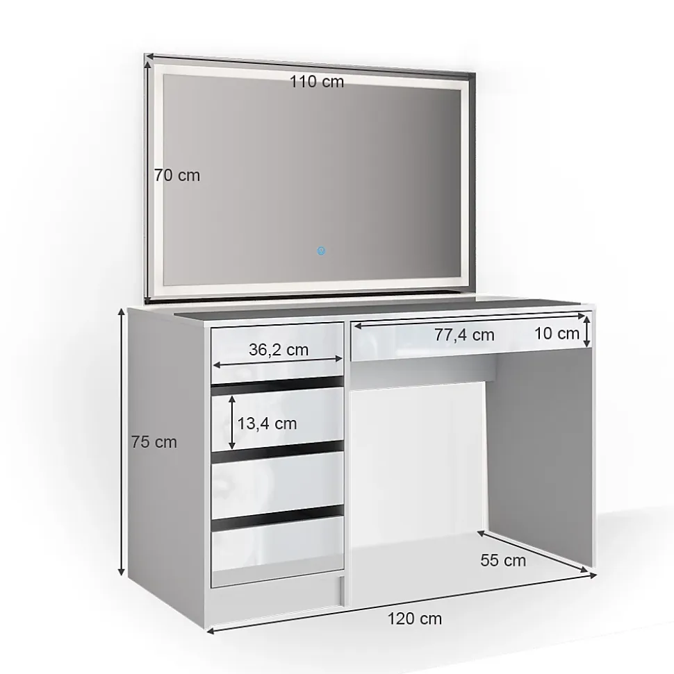 Vicco Coiffeuse Blanc 55cm avec éclairage LED