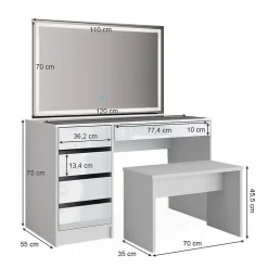 Vicco Coiffeuse Blanc 120cm avec miroir LED et banc