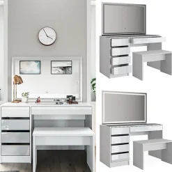 Vicco Coiffeuse Blanc 120cm avec miroir LED et banc