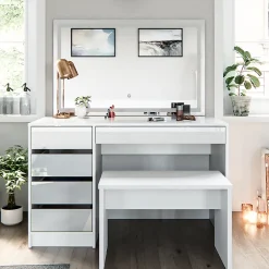 Vicco Coiffeuse Blanc 120cm avec miroir LED et banc
