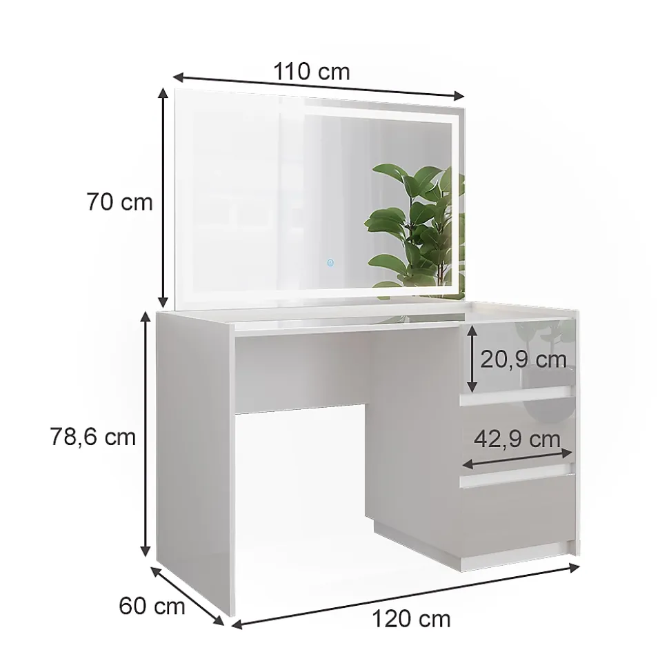 Vicco Coiffeuse Blanc Haute brillance 120cm avec miroir LED