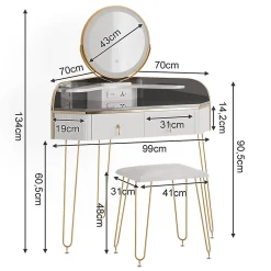 Vicco Coiffeuse Blanc Haute brillance 99cm avec miroir LED, tabouret et USB