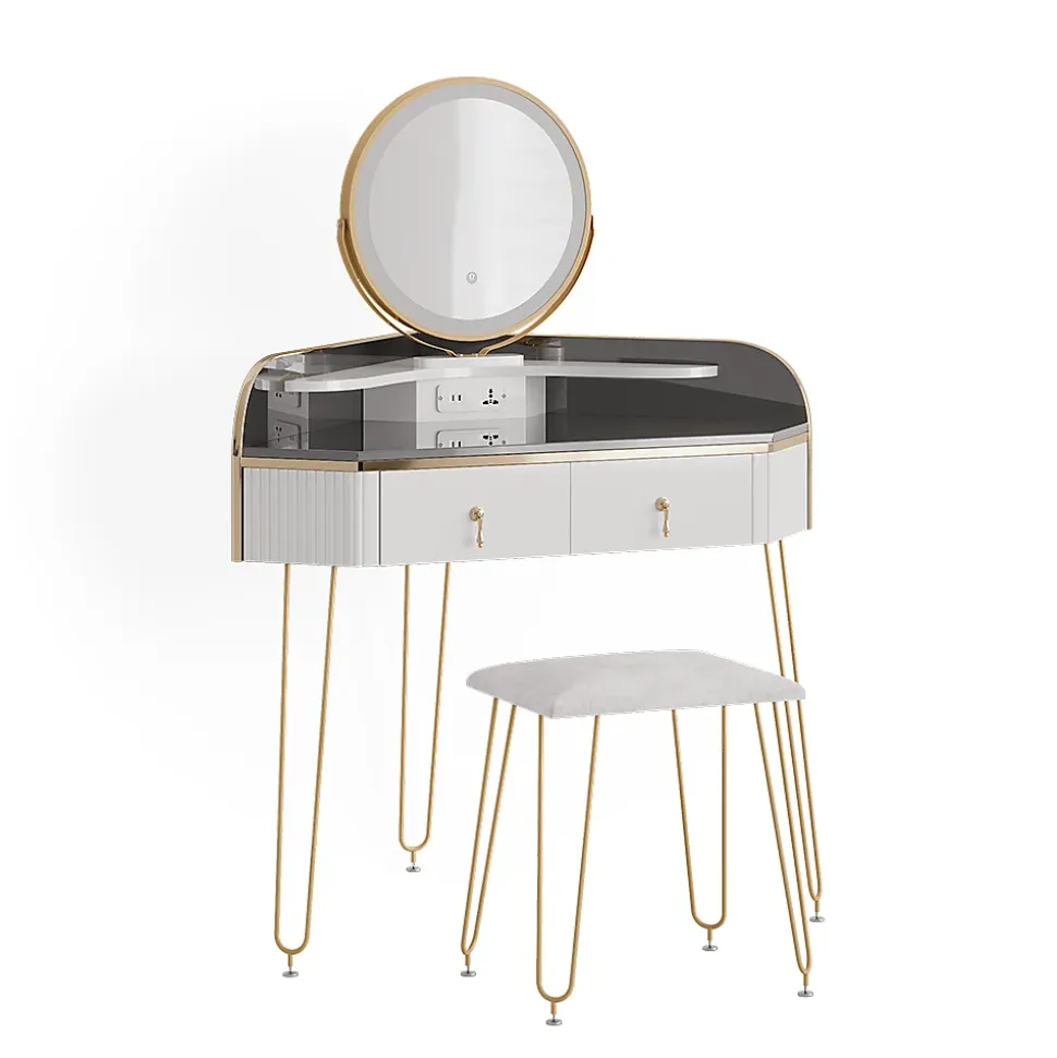 Vicco Coiffeuse Blanc Haute brillance 99cm avec miroir LED, tabouret et USB
