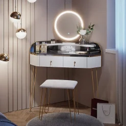 Vicco Coiffeuse Blanc Haute brillance 99cm avec miroir LED, tabouret et USB