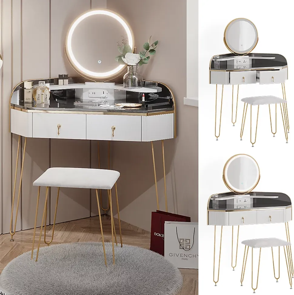 Vicco Coiffeuse Blanc Haute brillance 99cm avec miroir LED, tabouret et USB