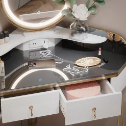 Vicco Coiffeuse Blanc Haute brillance 99cm avec miroir LED, tabouret et USB