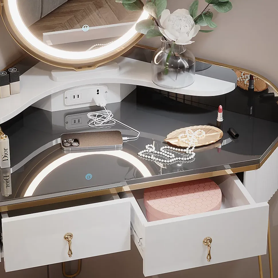 Vicco Coiffeuse Blanc Haute brillance 99cm avec miroir LED, tabouret et USB
