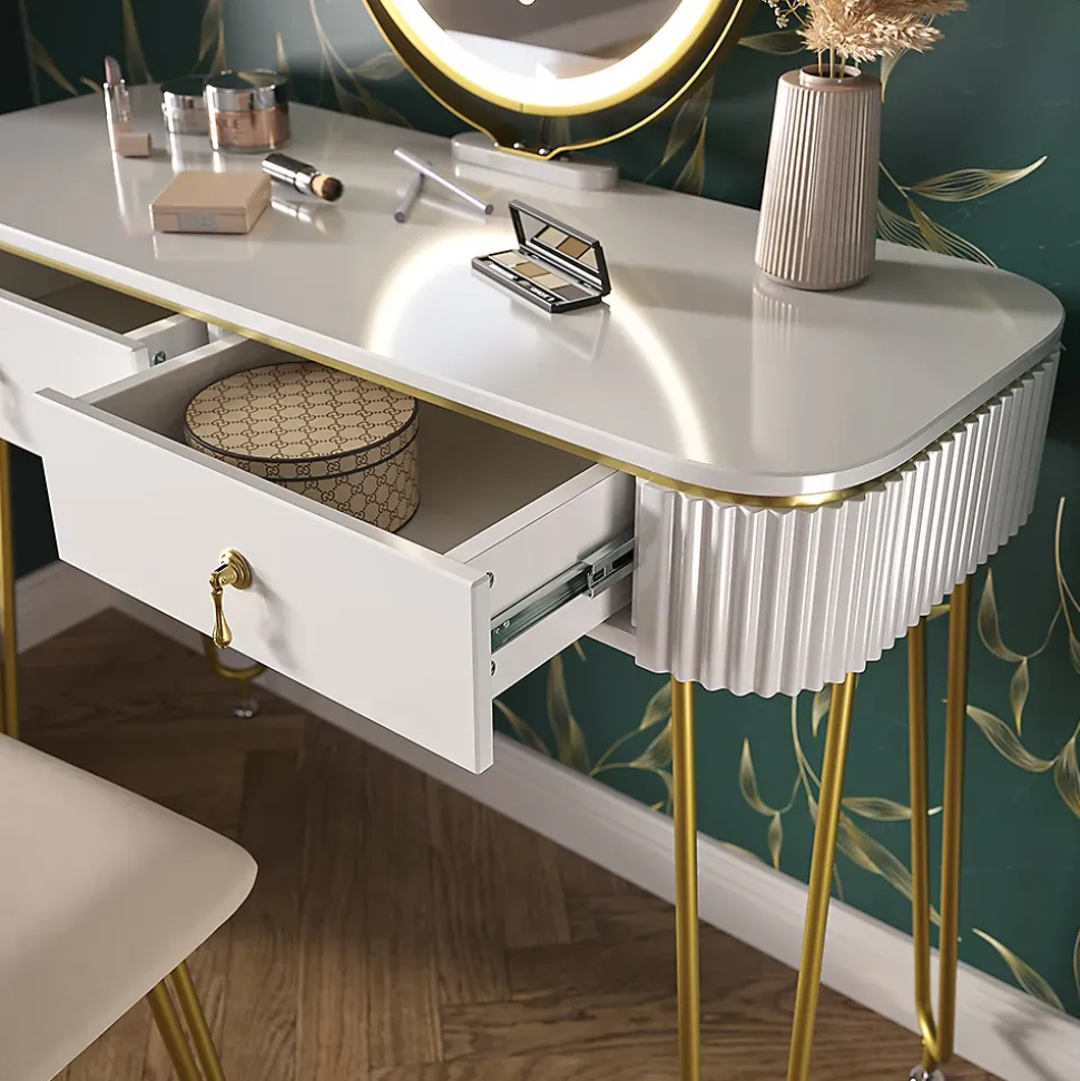 Vicco Coiffeuse Blanc Haute brillance 100cm avec éclairage LED et tabouret