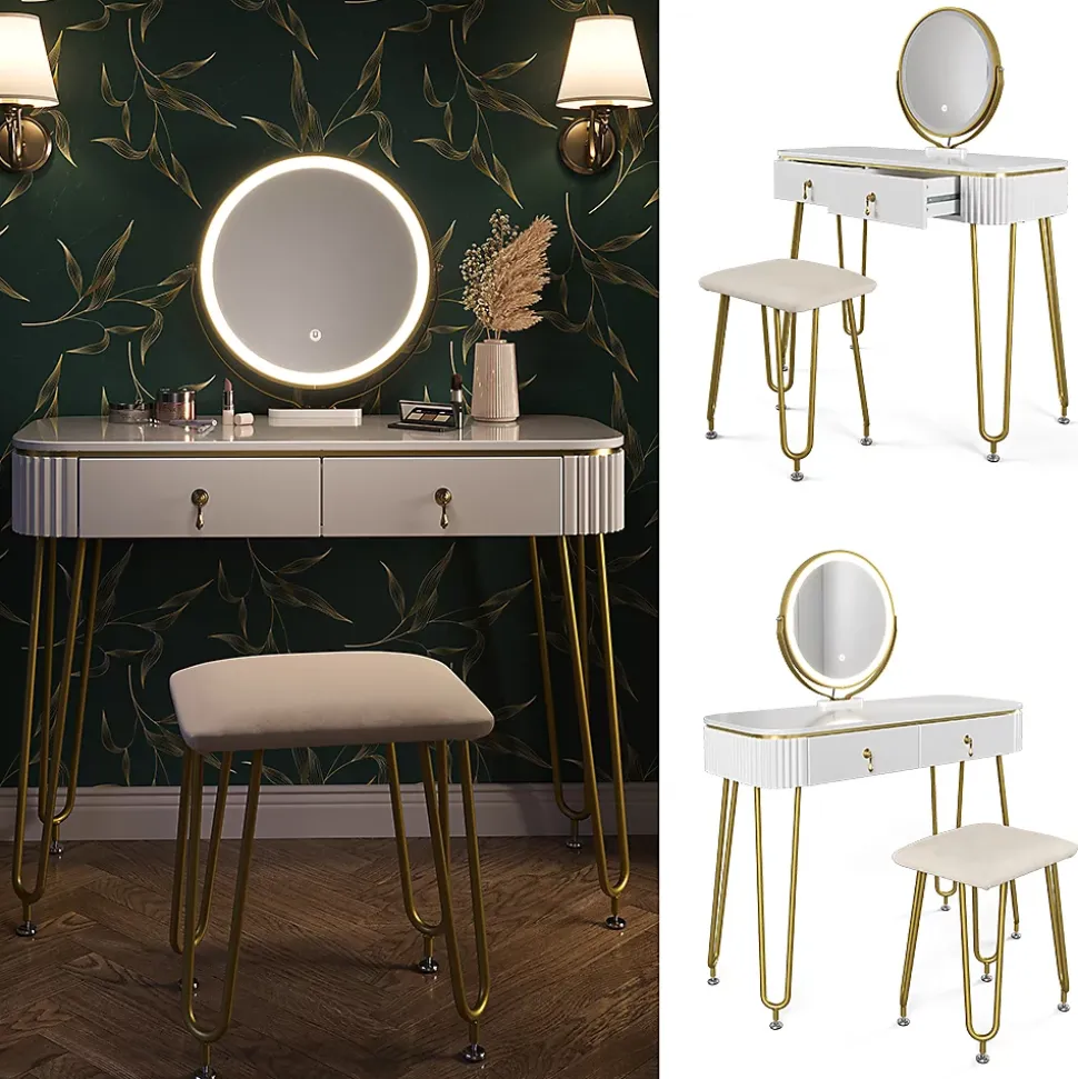 Vicco Coiffeuse Blanc Haute brillance 100cm avec éclairage LED et tabouret