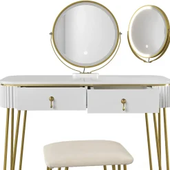 Vicco Coiffeuse Blanc Haute brillance 100cm avec éclairage LED et tabouret