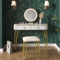 Vicco Coiffeuse Blanc Haute brillance 100cm avec éclairage LED et tabouret